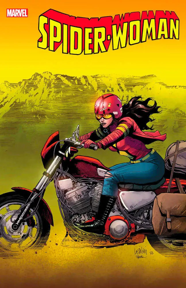 Spider-Woman in red and blue costume riding a motorcycle for trading cards collection