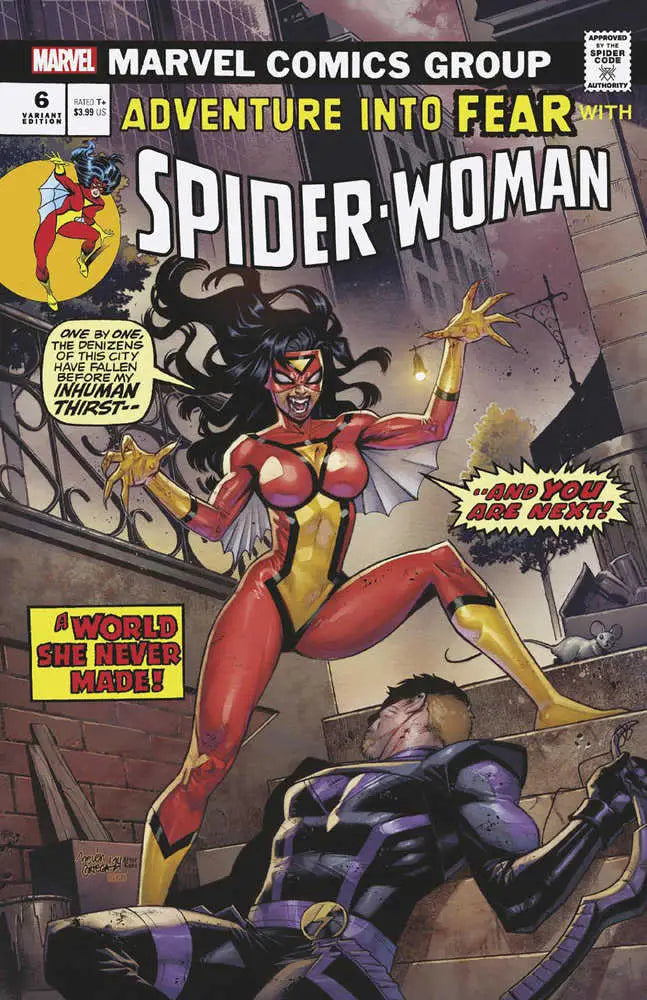 Comic book cover of Spider-Woman #6 Belen Ortega Vampire Variant in action pose