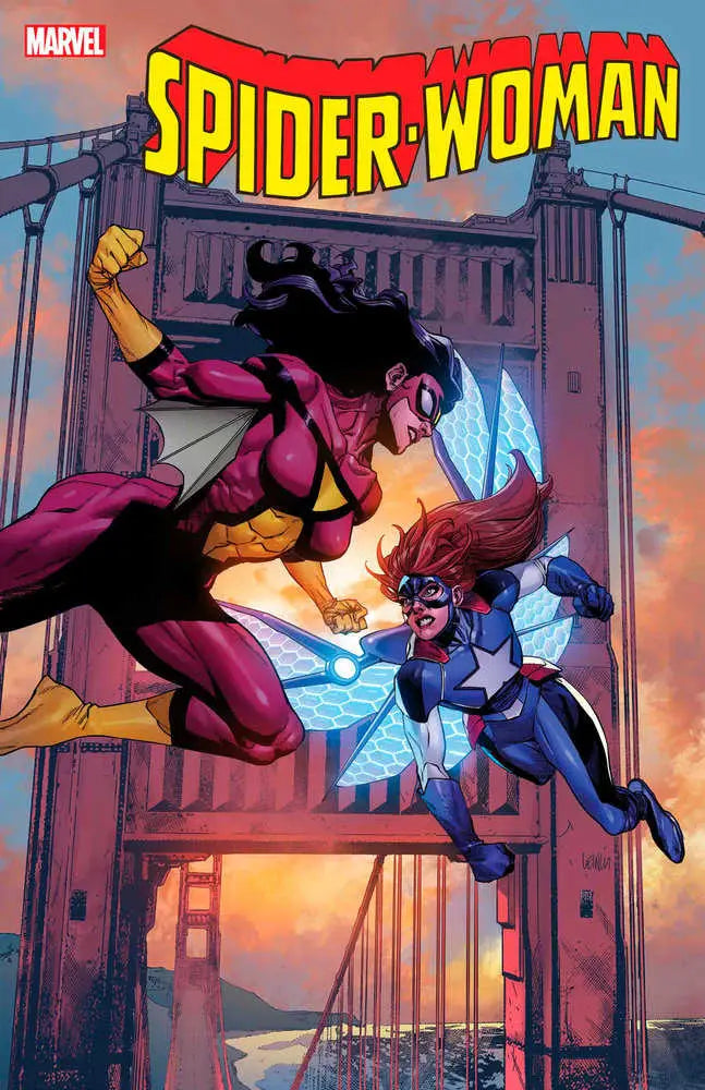 Spider-Woman #7 comic book cover features dynamic battle on Golden Gate Bridge, perfect for trading cards