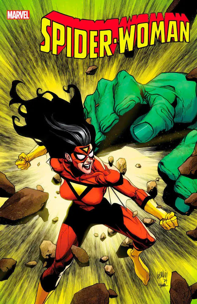 Comic book cover of Spider-Woman #8 in a red costume battling a green fist, perfect for trading cards