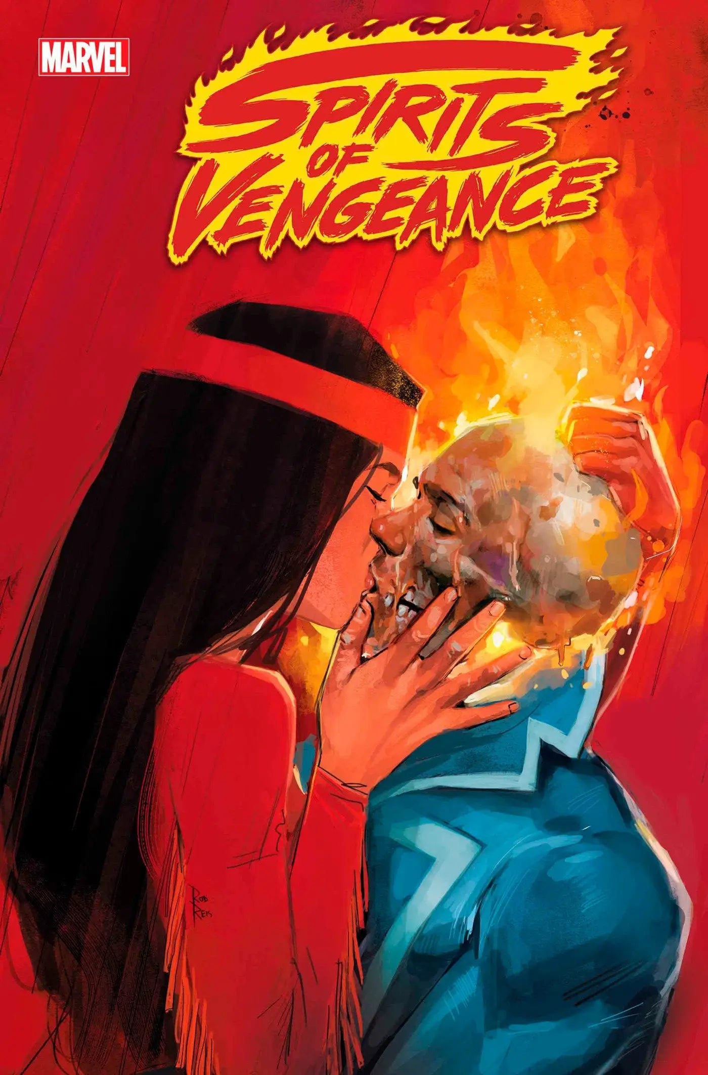 Comic book cover of Spirits Of Vengeance #6 featuring a witch woman kissing a flaming skull with Ghost Rider