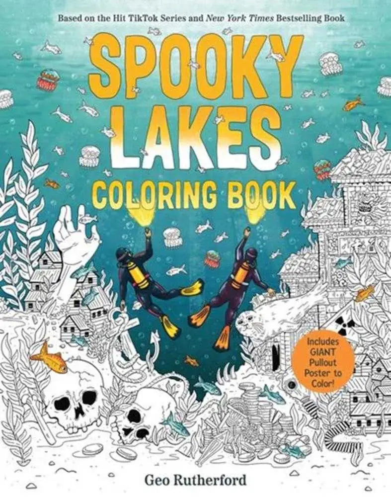 Spooky Lakes Coloring Book with underwater scene of divers, skulls, and a sunken village