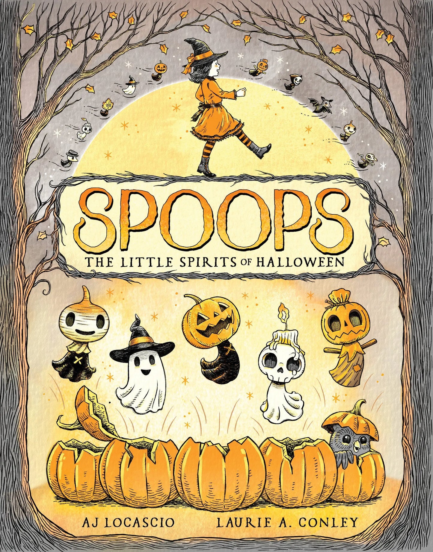 Children’s book cover featuring a witch and Halloween spirits from Spoops The Little Spirits Of Halloween