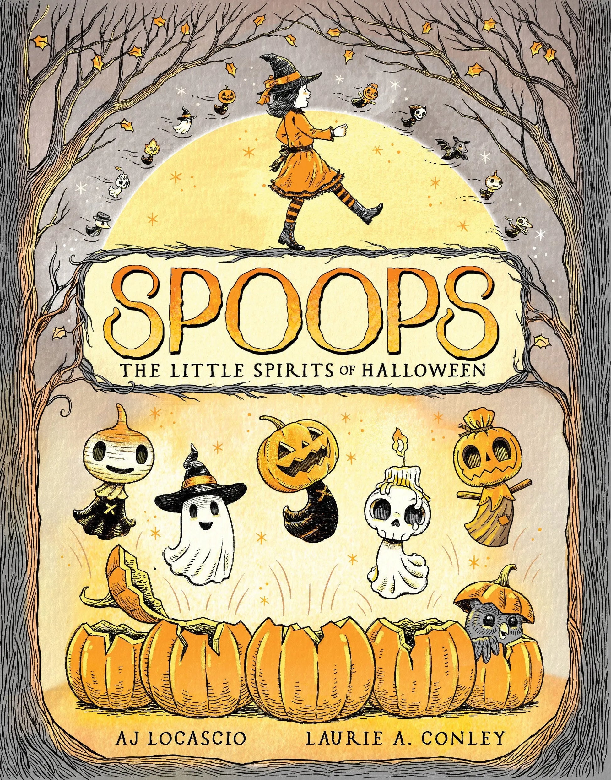 Children’s book cover featuring a witch and Halloween spirits from Spoops The Little Spirits Of Halloween