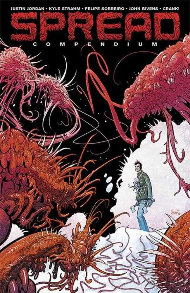 Comic book cover featuring a man among monstrous tentacled creatures for Spread Compendium TPB