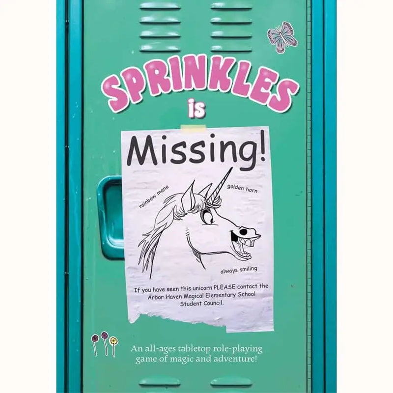 Poster on locker advertising Sprinkles is Missing RPG for TTRPG players in Arbor Haven