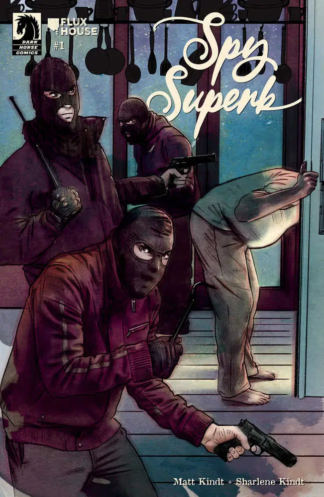 Comic book cover of Spy Superb #1 with masked figures breaking into a building