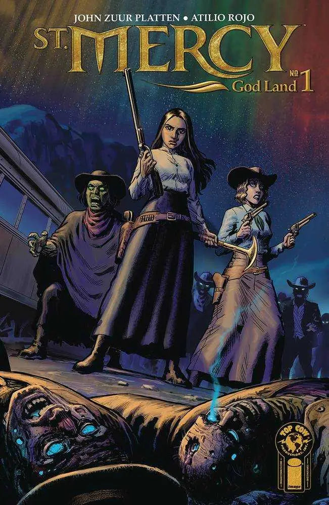 Comic book cover for St. Mercy God Land #1 featuring three armed characters in action