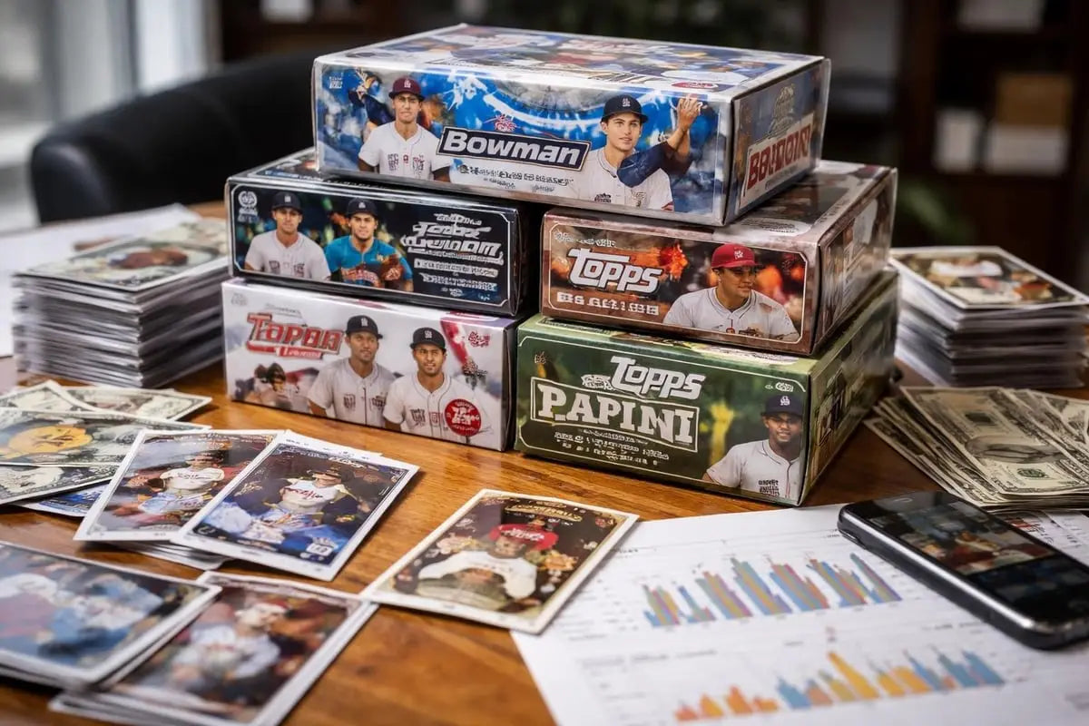 Stack of Bowman, Topps, Panini baseball card boxes