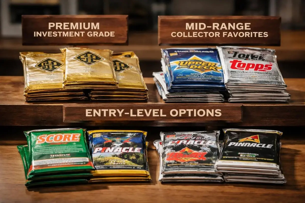 stacks of colorful trading card packs from upper deck topps and pinnacle displayed on wooden shelves in an article about derek jeter rookie card value grading and investment guide