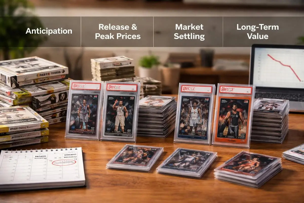 Stacks of graded prizm basketball cards in clear protective cases featuring various players and team logos for collectors in 2026