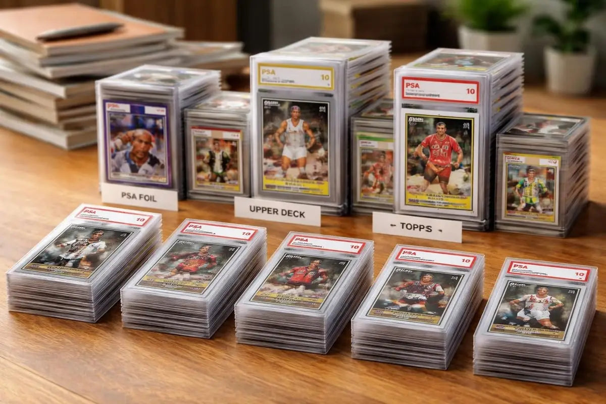 Stacks of psa-certified derek jeter rookie sports trading cards in clear protective cases featuring vibrant player images and colorful team uniforms in an article about jeter rookie value grading and investment guide.