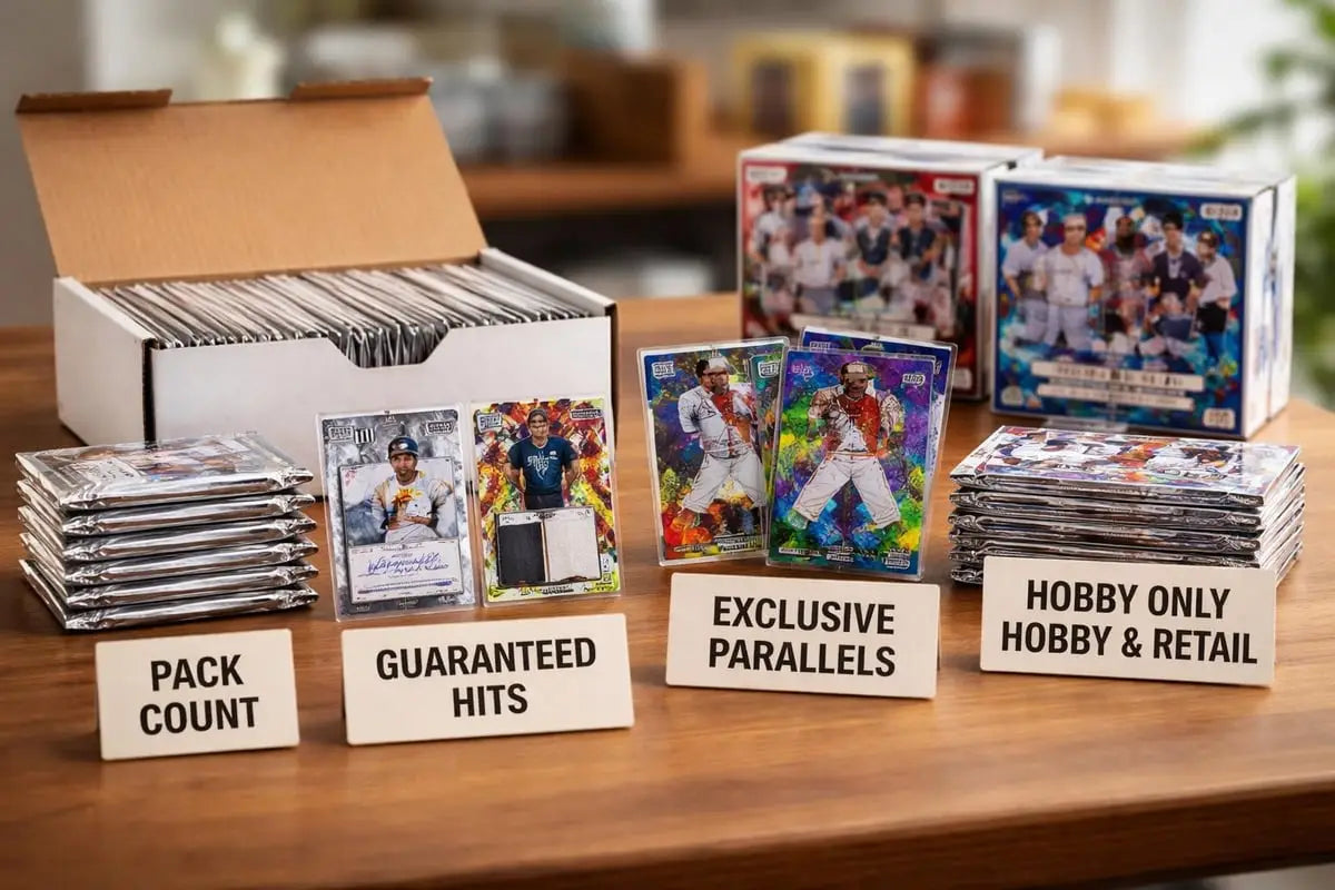 Shiny colorful baseball cards in sleeves on table for card boxes