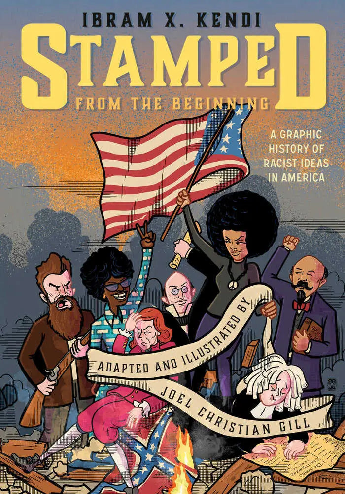 Book cover for Stamped From The Beginning graphic novel with historical figures and flag