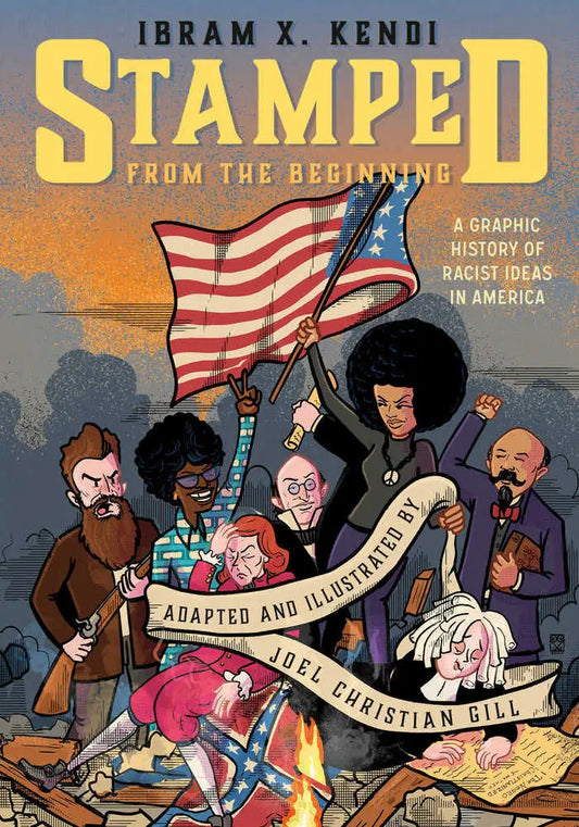 Book cover for Stamped From The Beginning graphic novel with historical figures and flag