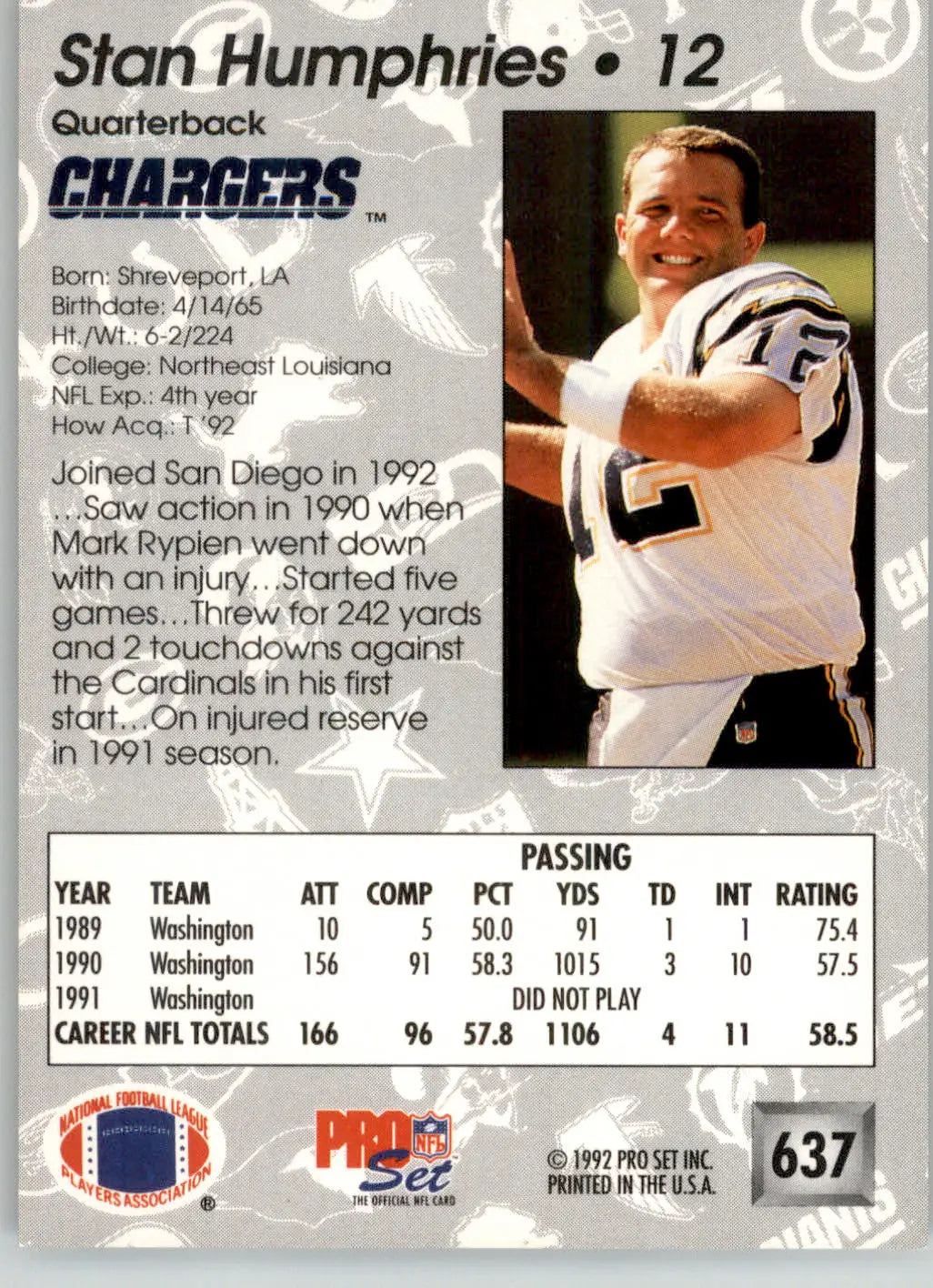 Stan Humphries - 1992 Pro Set - #637 - Football - Football Card Single
