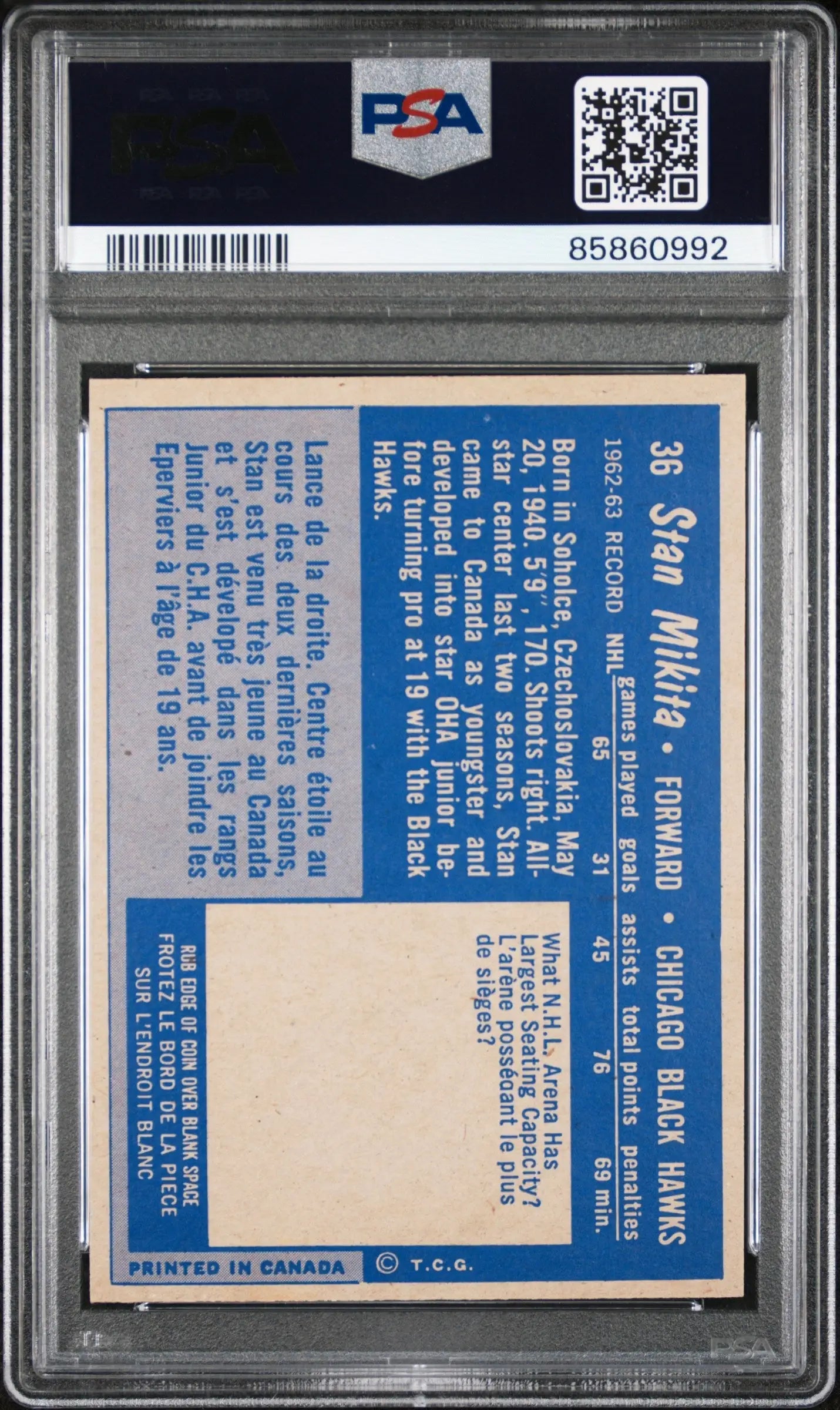 Stan Mikita 1963 Topps #36 PSA 7 Neat Mint - Hockey Card Single