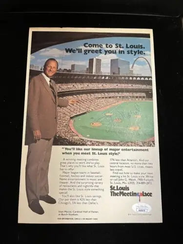 St. Louis tourism advertisement featuring Stan Musial 1982 Meetingplace Print for Missouri baseball auto