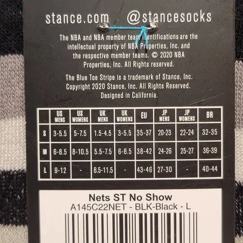 Black and white striped sock tag with sizing info for Brooklyn Nets Stance No Show Socks
