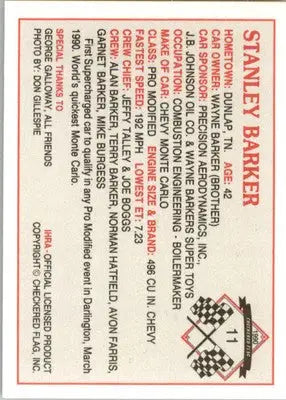 Stanley Barker - 1990 Checkered Flag IHRA - #11 - Racing - Racing Card Single