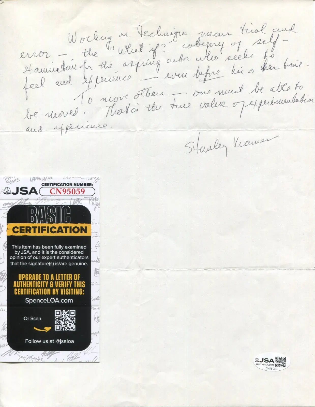 Stanley Kramer Signed Written Letter w/wisdom Movie Producer Director JSA Auto - Other