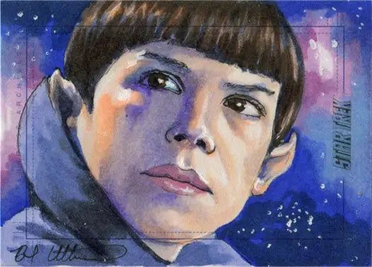 Portrait of a male character with pointed ears in a Star Trek Beyond sketch card by Brad Utterstrom