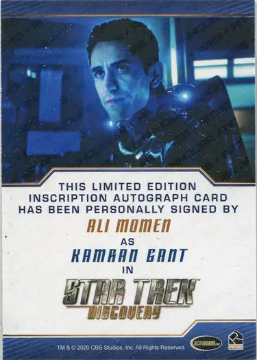 Limited edition signed autograph card of Kamran Gant from Star Trek Discovery trading cards