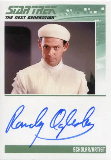 Autograph card of Randy Oglesby as Scholar Artist in Star Trek TNG white uniform