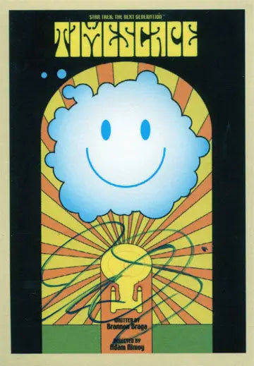 Smiling blue cloud with yellow sunburst in psychedelic art on Juan Ortiz autograph card