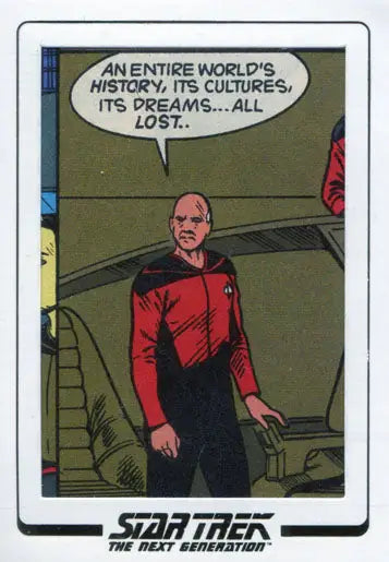 Star Trek character in red uniform discusses lost history in Comic Cut Archives print