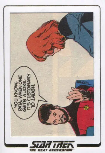 Trading card from Star Trek TNG Comic Cut Archives with character and speech bubble
