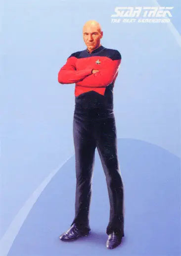 Starfleet officer in red and black uniform featured on Star Trek TNG promo card