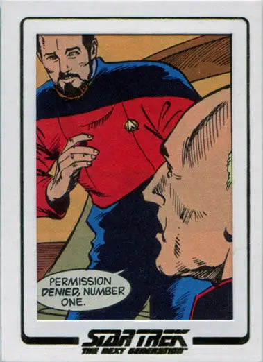 Comic book panel with Star Trek character in red uniform for trading cards collection