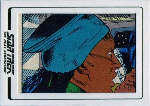 Comic book panel of a person with dark skin in a bright blue hat for trading cards