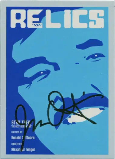 Blue poster featuring a stylized face with RELICS and gold foil stamped design