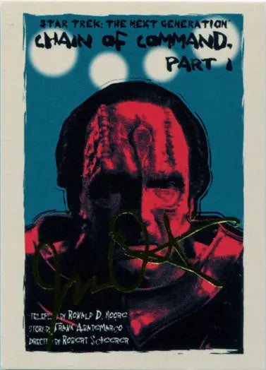 Stylized portrait in red and black with gold foil stamped details from Star Trek TNG Portfolio