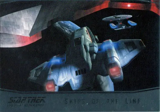 Futuristic spacecraft with sleek wings in Star Trek TNG line chase card design