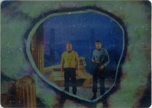 Oval-shaped mirror reflecting figures in colorful uniforms on Star Trek forever case topper
