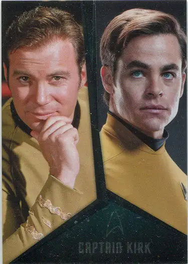 Side-by-side portraits of Kirk and Pine in gold Star Trek crew chase card uniforms