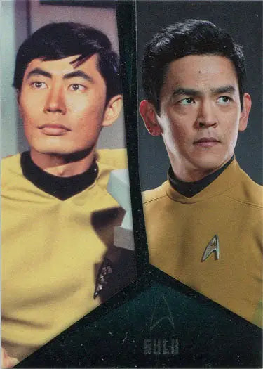 Side-by-side portraits of Sulu and Takei in yellow Star Trek crew chase card uniforms