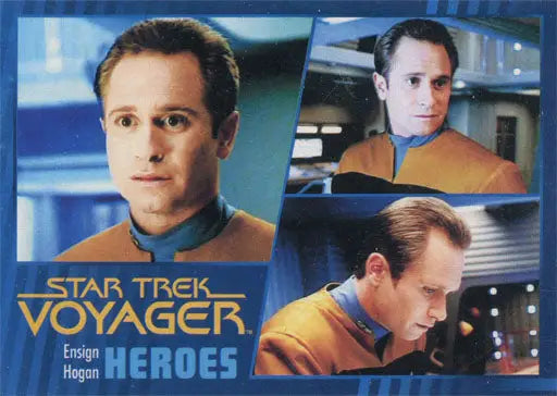 Gold parallel Trading Card of a man in a Star Trek: Voyager uniform headshots
