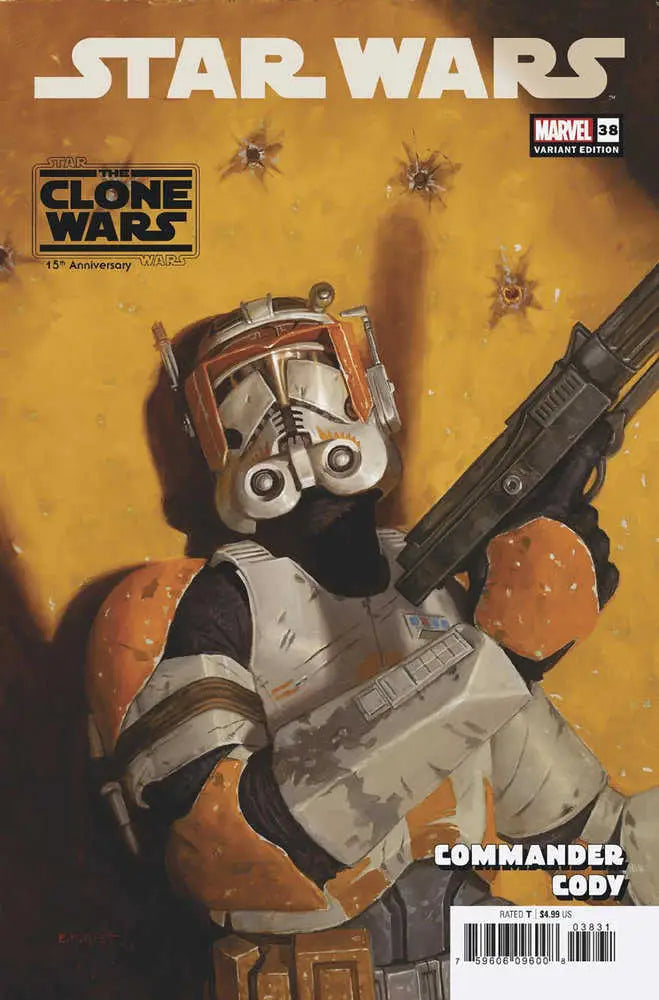 Clone Trooper in orange armor holding blaster rifle from Star Wars trading cards