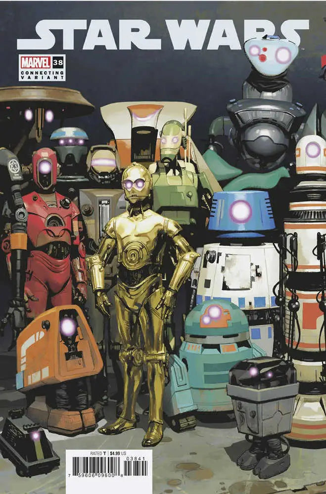 Comic book cover of C-3PO with Star Wars droids for trading cards collectors
