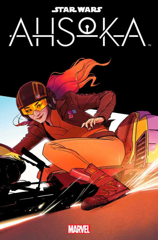 Comic book cover of Star Wars: Ahsoka #1 with character in red on speeder bike