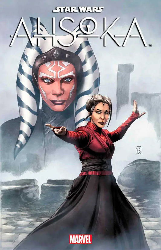 Comic book cover of Star Wars: Ahsoka #1 with character in black dress and head markings