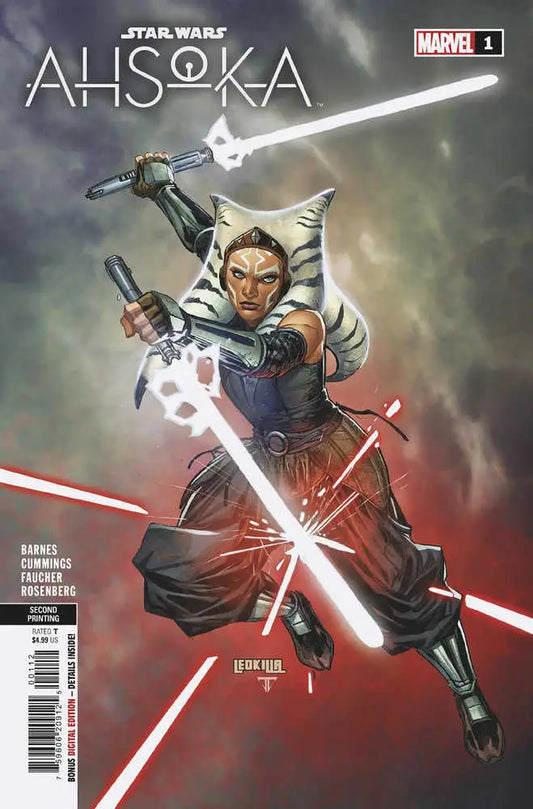 Comic book cover of Star Wars Ahsoka featuring a warrior with white lightsabers