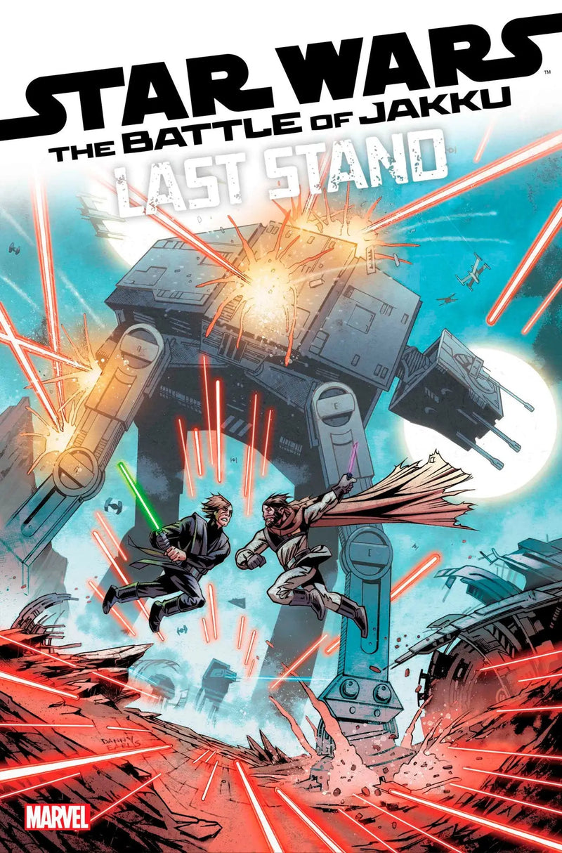 Comic book cover art of an AT-AT walker under attack on Jakku for trading cards collectors