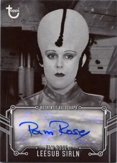 Black and white portrait of Pam Rose autographed as Leesub Sirln in Star Wars