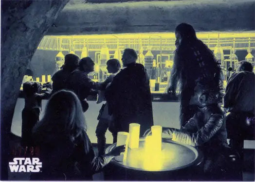 Silhouetted group around glowing table with Star Wars Black & White Green Base trading card