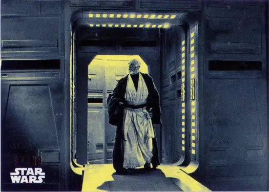 Robed figure with white beard in illuminated doorway on Star Wars trading card